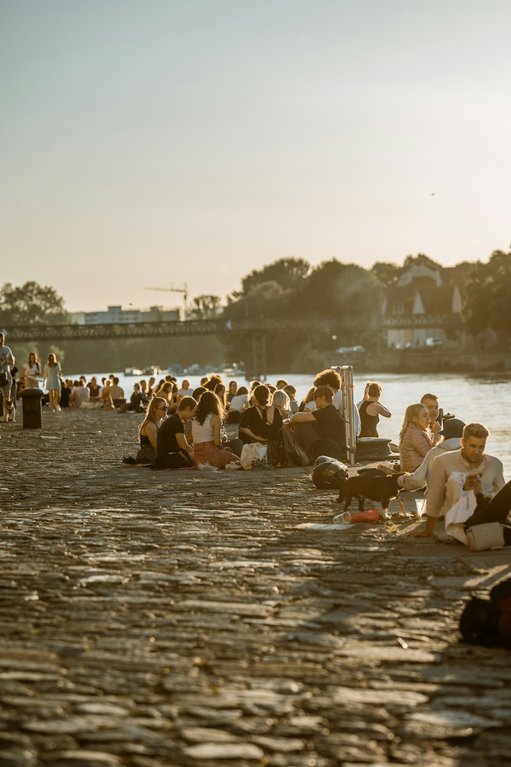 a group of people sitting on a beach next to a body of water