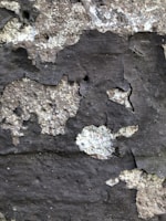 Peeling paint and rough texture of an old wall with uneven surface and patches of darker and lighter shades.