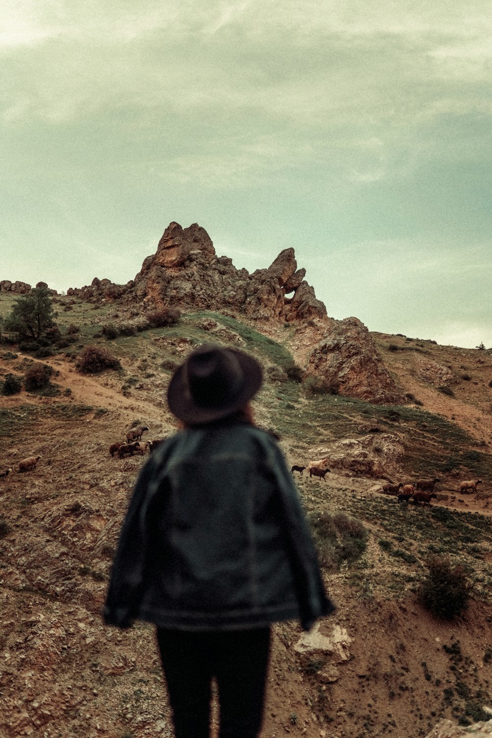 a person walking up a hill with a hat on