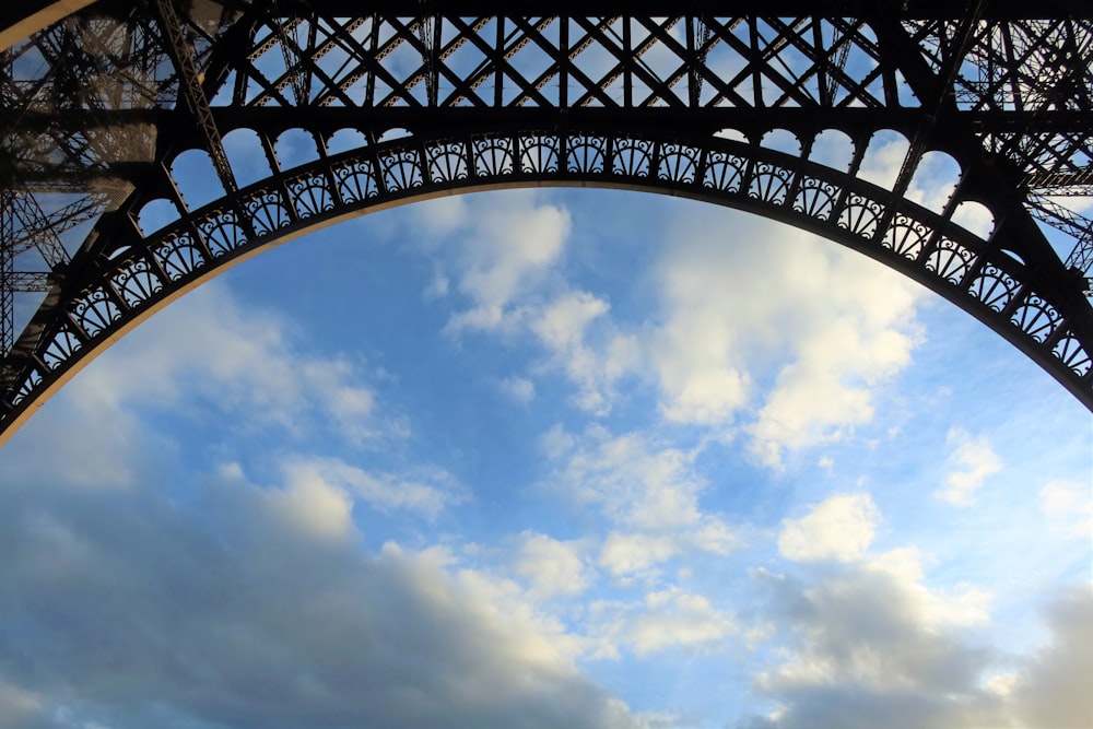 a view of the eiffel tower from below