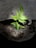 A bright green plant is growing through a gap in a large piece of weathered wood. The contrast between the vibrant leaves and the rough, grayish-brown texture of the tree trunk highlights the plant’s liveliness and resilience.