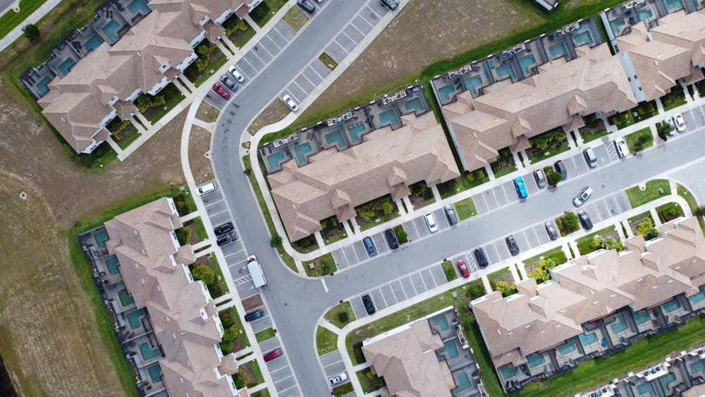 an aerial view of a neighborhood with many houses