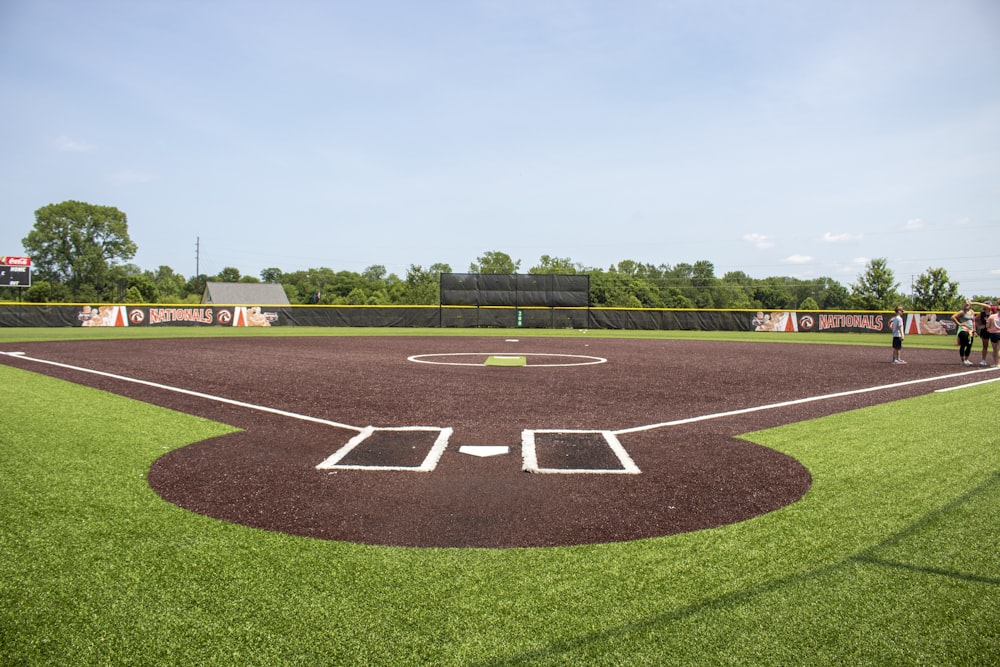 a baseball field with a batter, catcher and umpire
