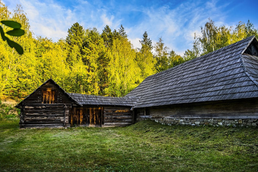 an old log cabin in the middle of a forest