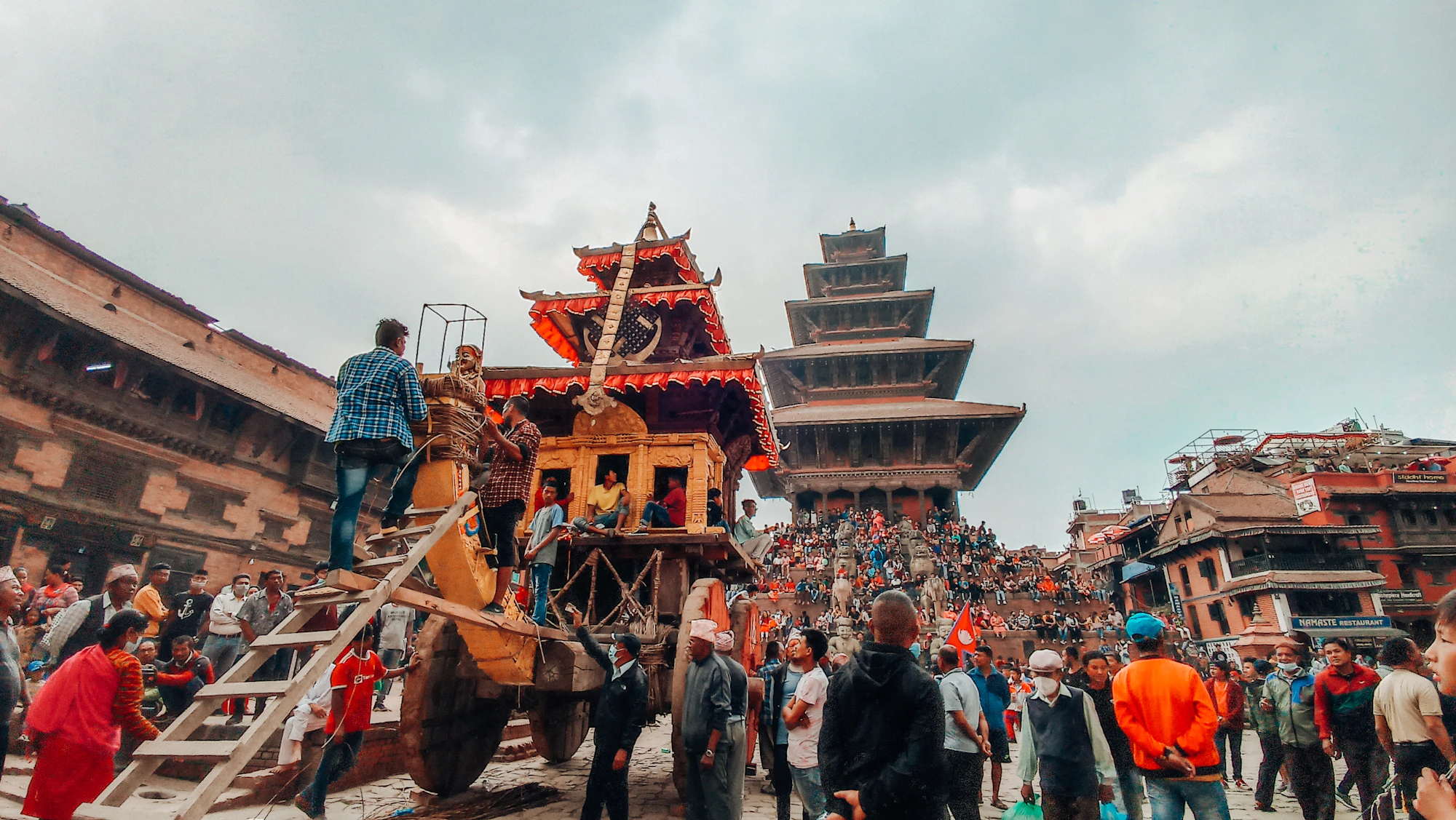 Festival crowds and traditional celebrations in Nepal during Bisket Jatra