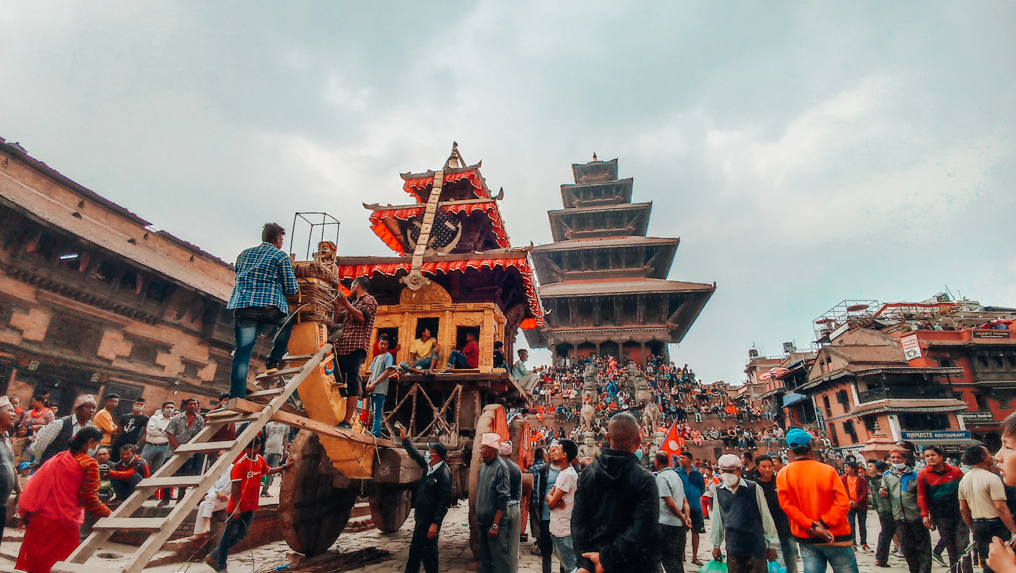 Bisket Jatra festival chariots and celebration in Bhaktapur, Nepal