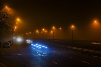A foggy streetlamp illuminating a deserted street at night.