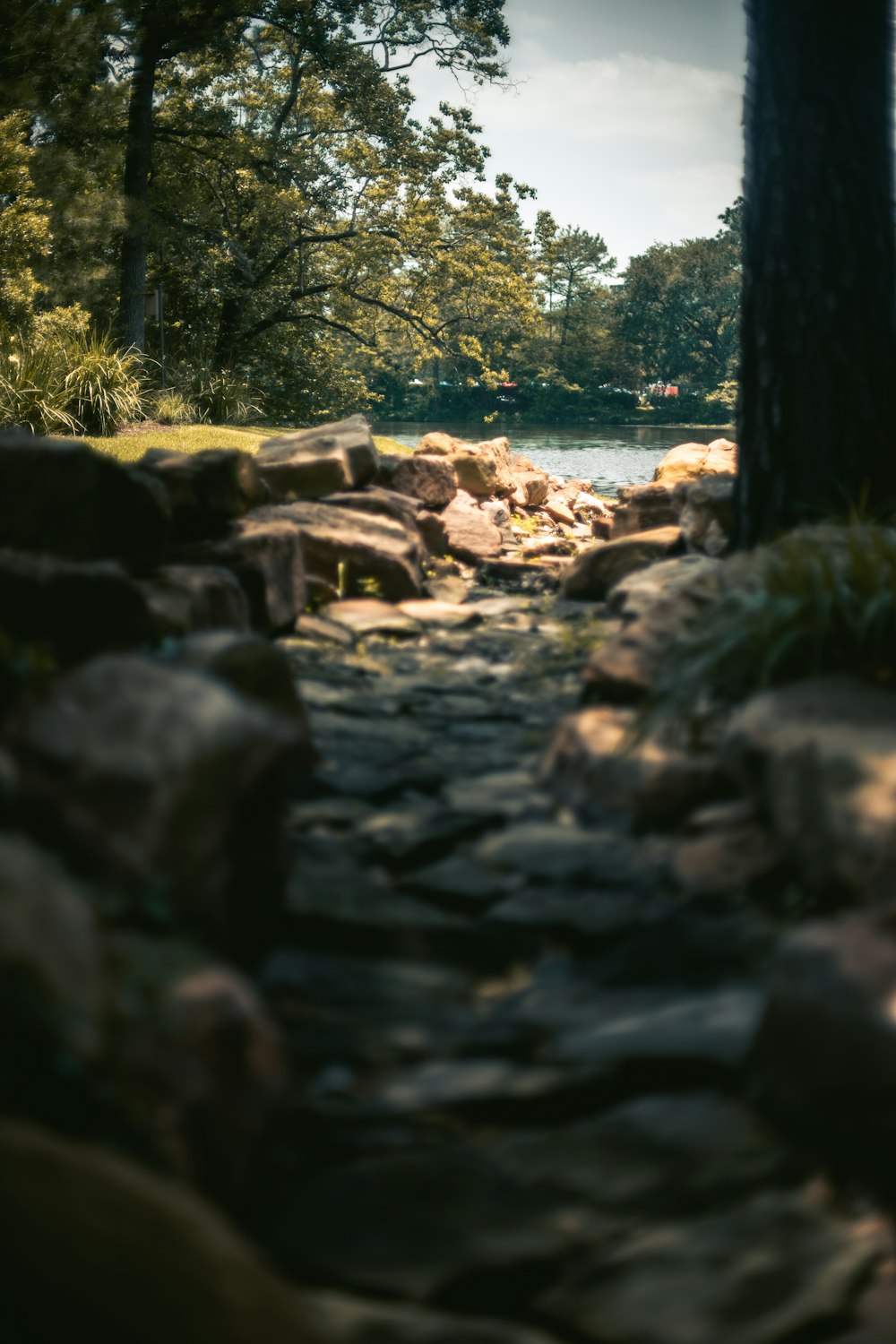 a stone path leading to a body of water