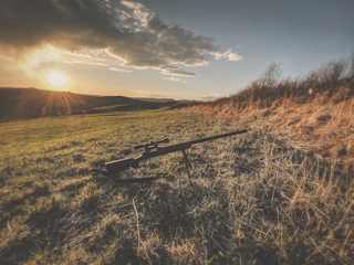 A finely crafted rifle resting against a backdrop of African savannah at sunset.