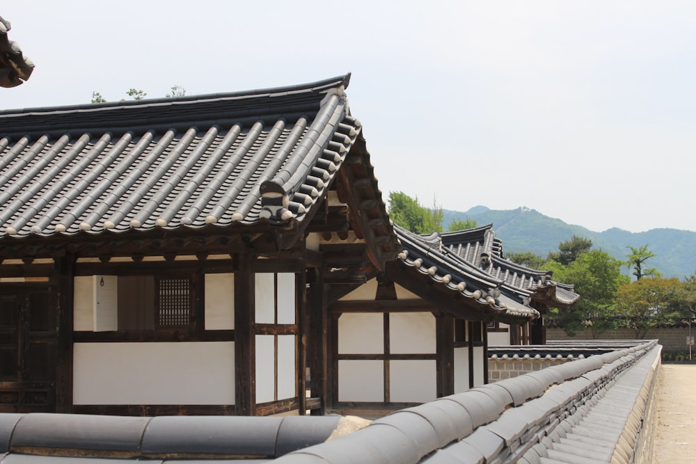 the roof of a building with a mountain in the background