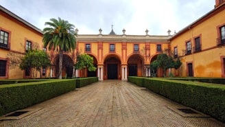 A commercial property courtyard featuring symmetrical palm trees and clean stone pathways.