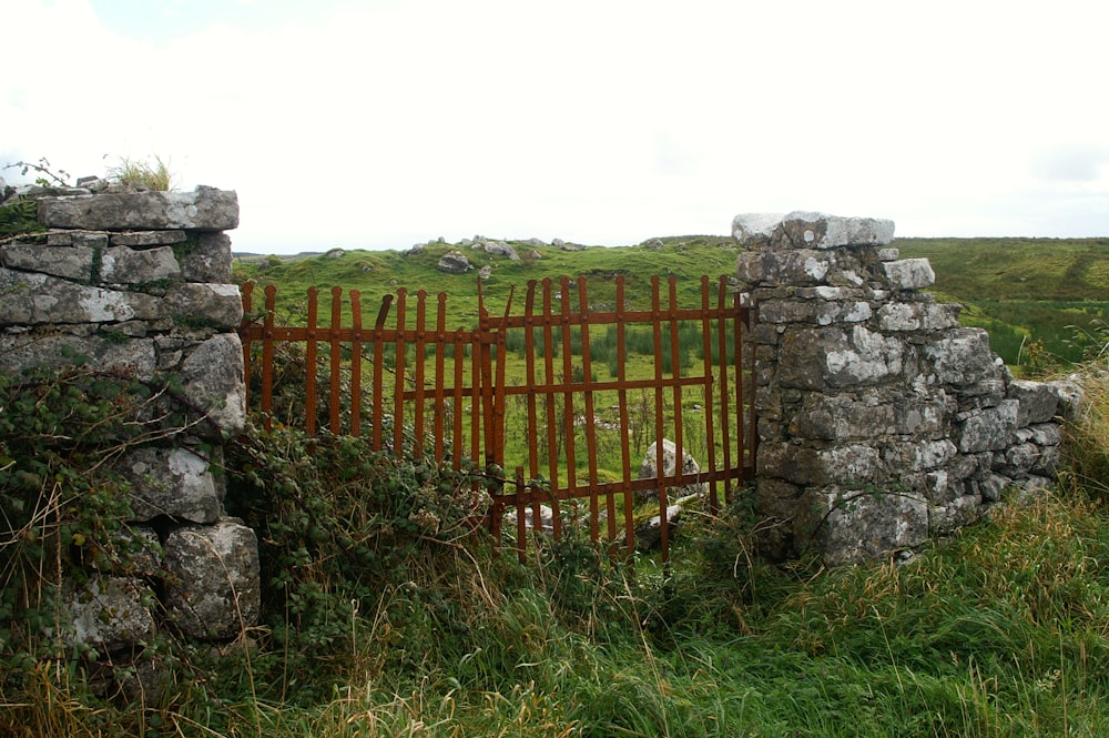 a gate in the middle of a grassy field