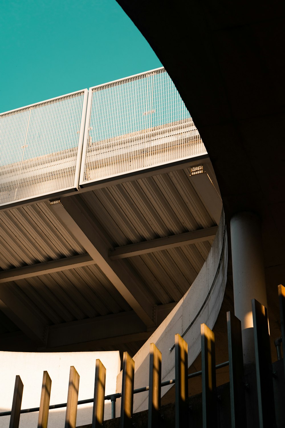 a view of a bridge from underneath it