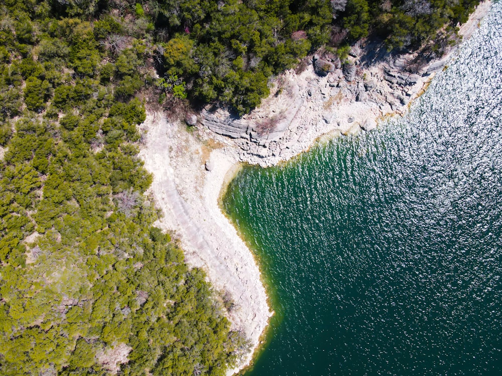 an aerial view of a body of water surrounded by trees