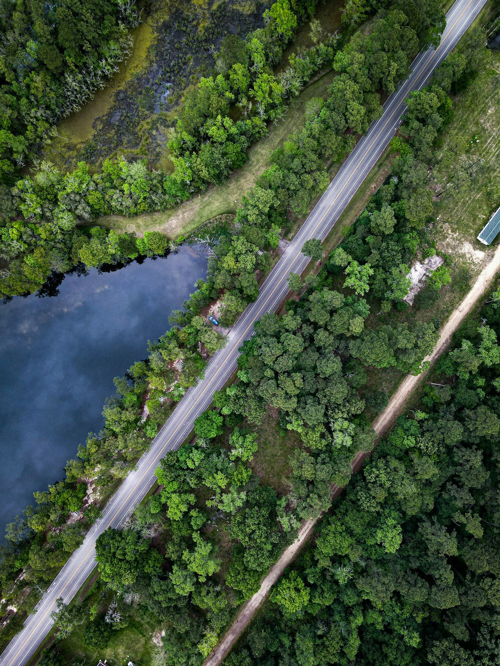 an aerial view of a road in the middle of a forest