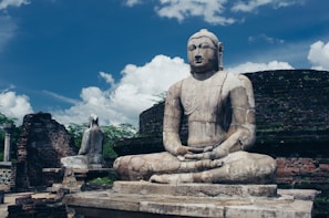 A serene moment of a traveler meditating in front of ancient temple ruins