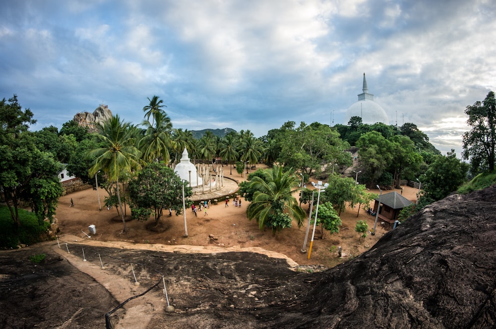 an aerial view of a village surrounded by trees