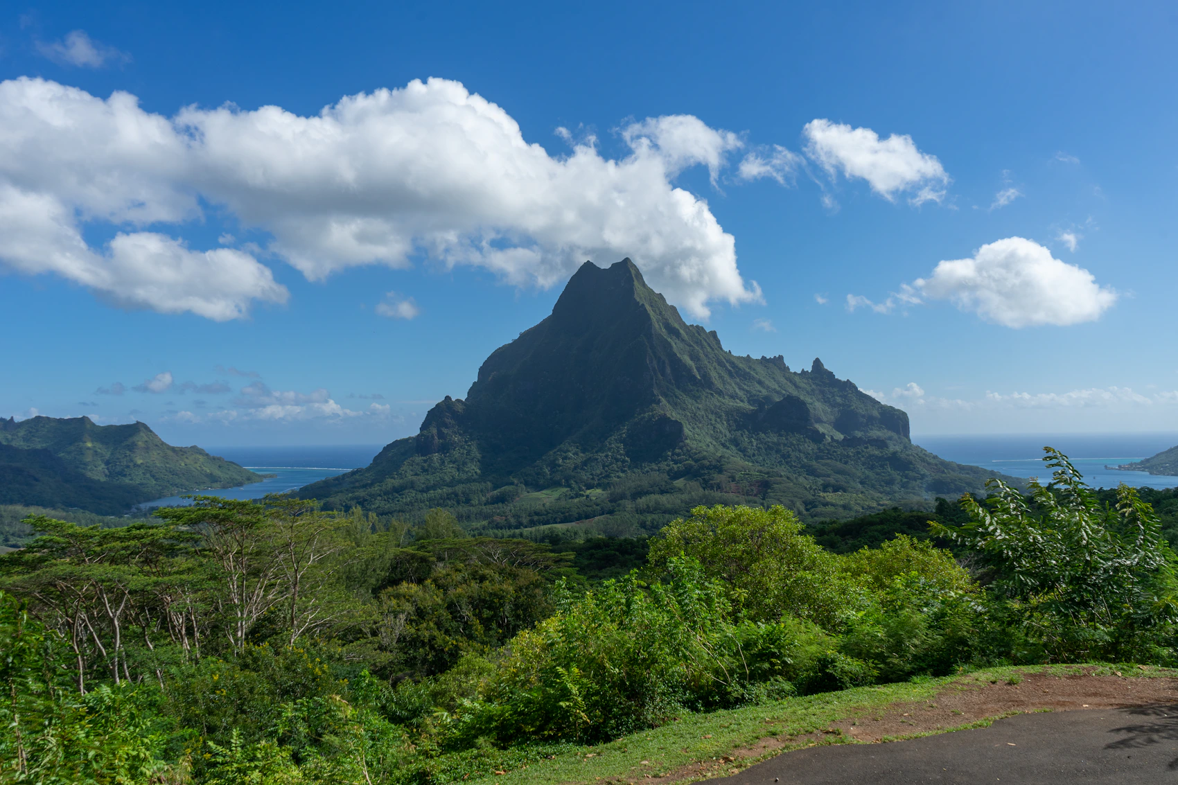 Green mountains and blue water seen from the Belvedere viewpoint on Moorea