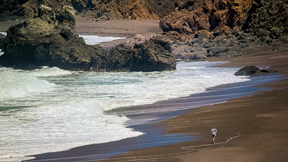 a person walking along a beach next to the ocean