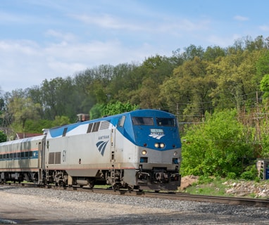 a blue and white train traveling down train tracks