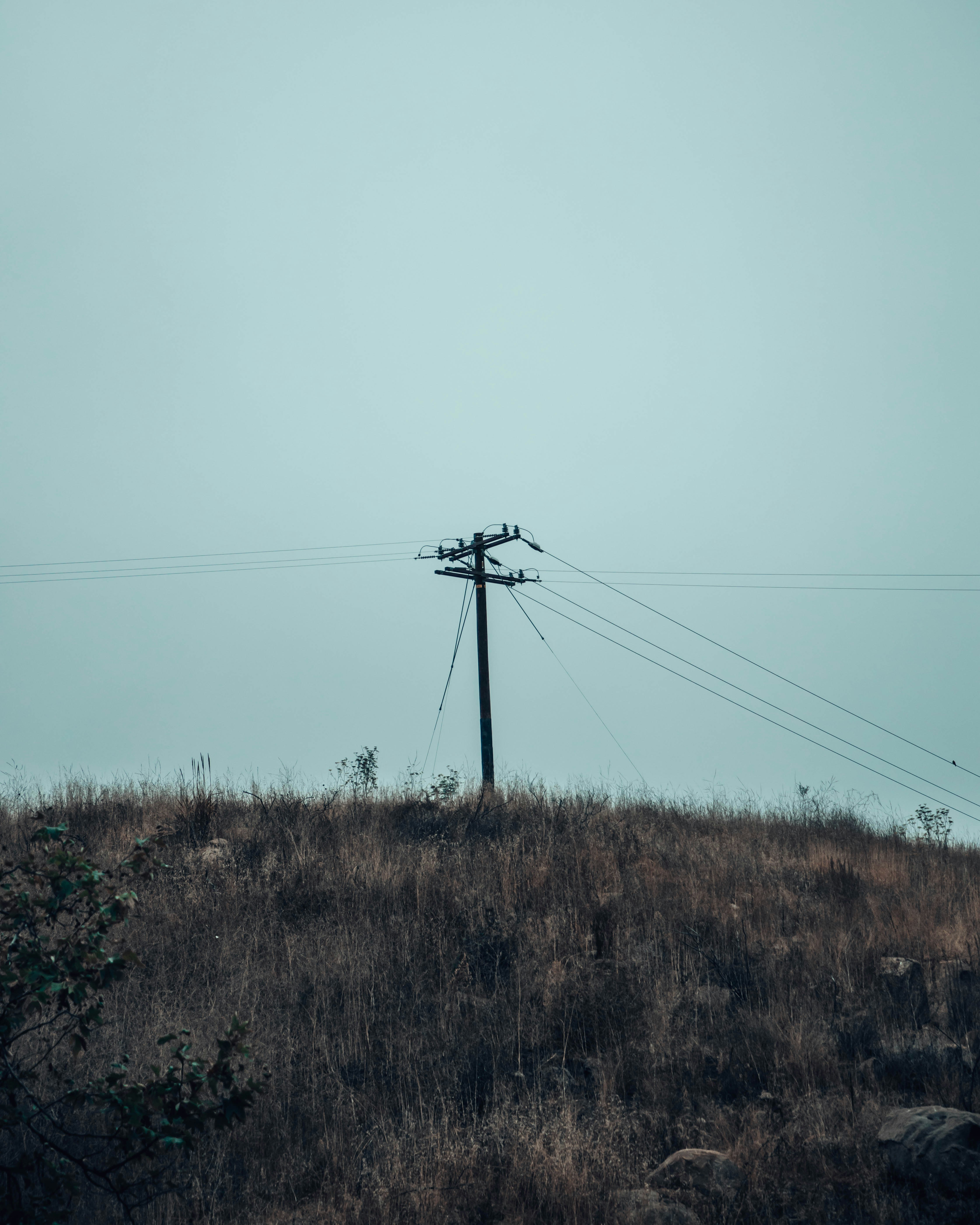 a telephone pole sitting on top of a dry grass covered hill