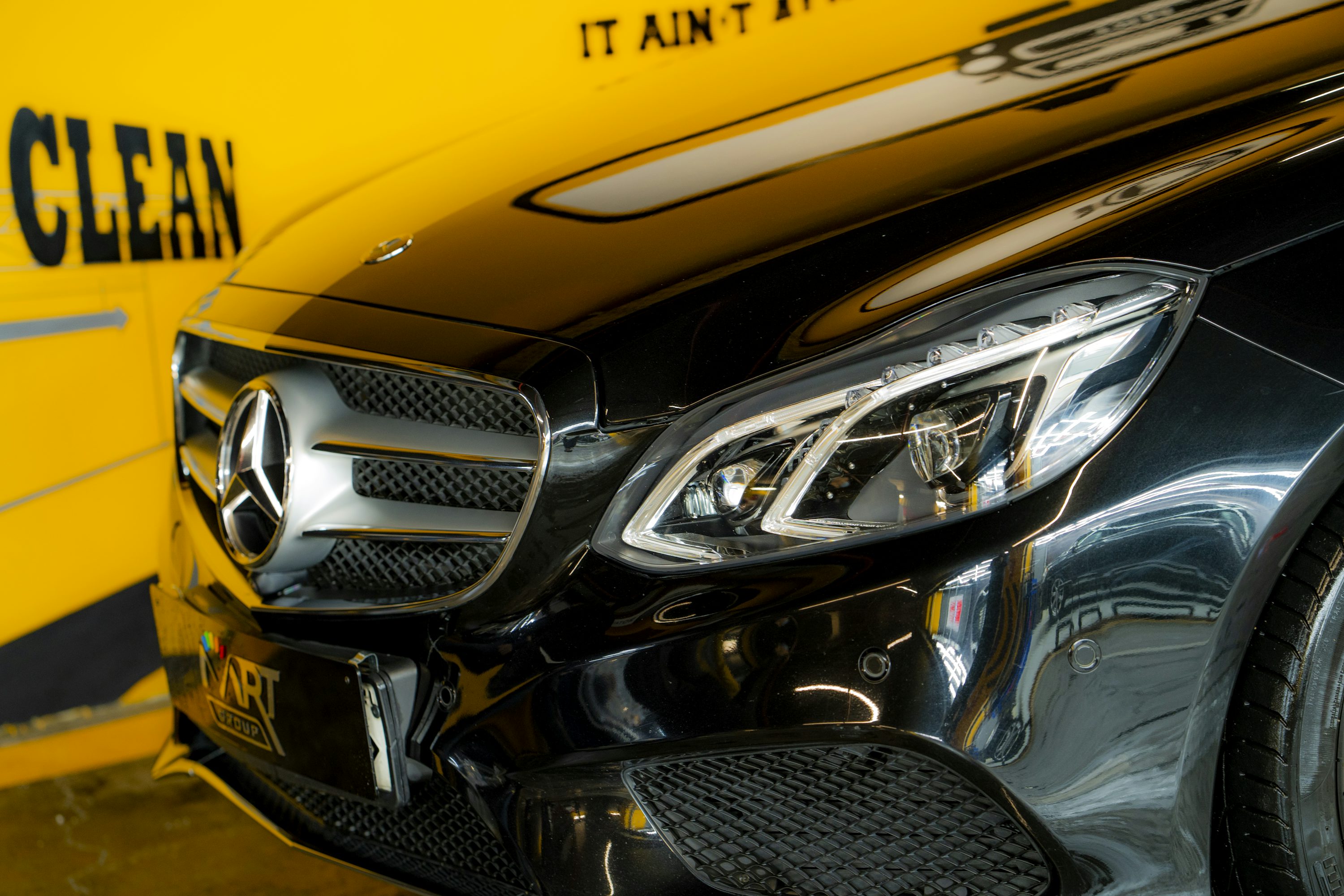 a close up of the front of a car