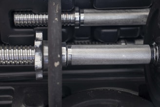 Close-up of imported dumbbells with polished chrome and ergonomic grips.