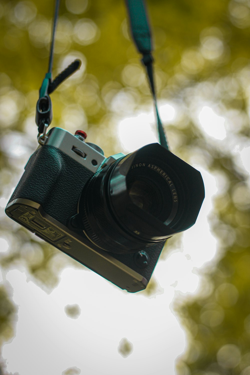 a camera hanging from a rope in front of a tree