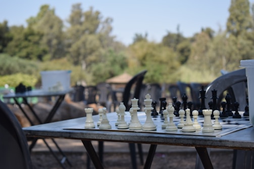 A chess board sits on a metal outdoor table with chess pieces set up for a game. The background is blurred, featuring lush green trees and additional empty tables and chairs, suggesting an outdoor park or garden setting.