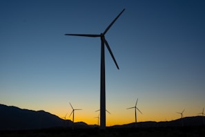 Sunset silhouette of multiple wind turbines lined up along a coastal ridge.