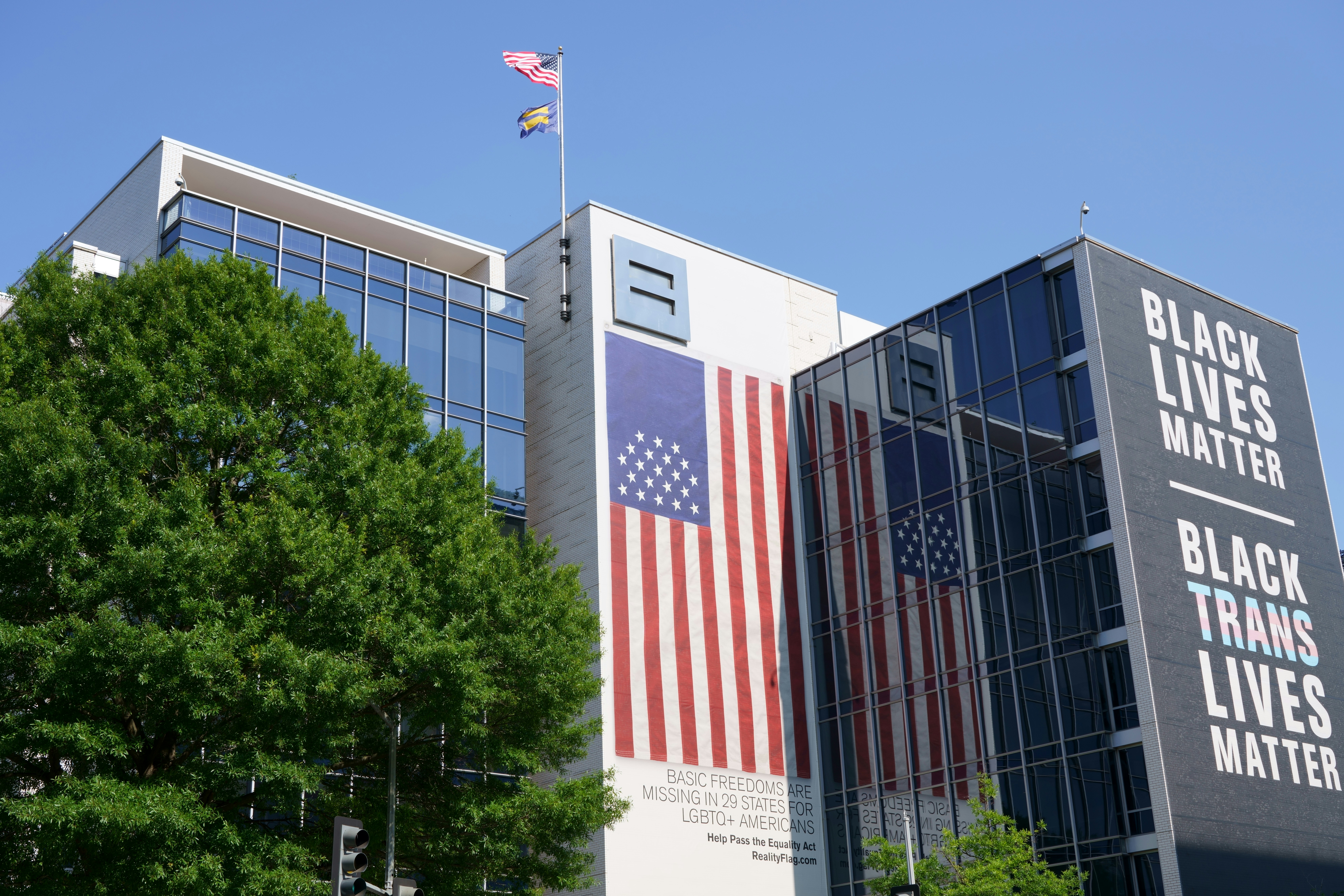 a building with a flag on the side of it