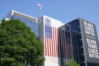 a building with a flag on the side of it