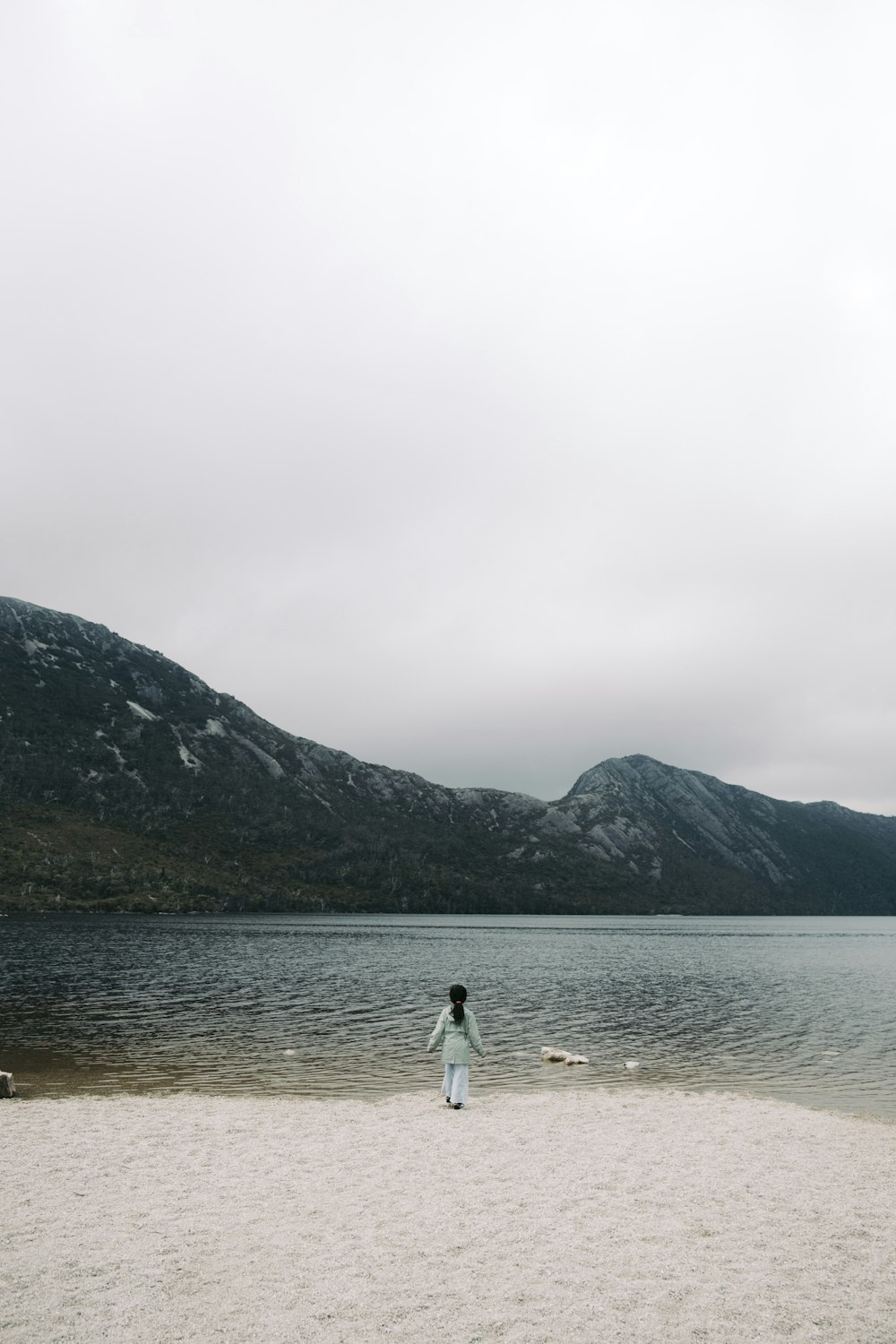 Una persona parada en una playa cerca de un cuerpo de agua