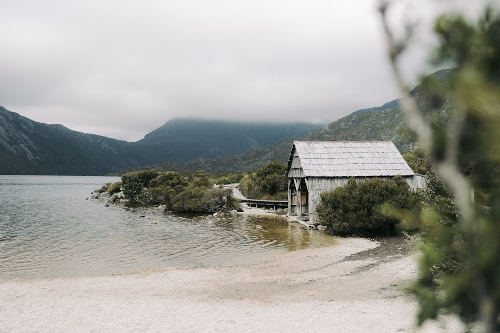 a house sitting on the shore of a lake