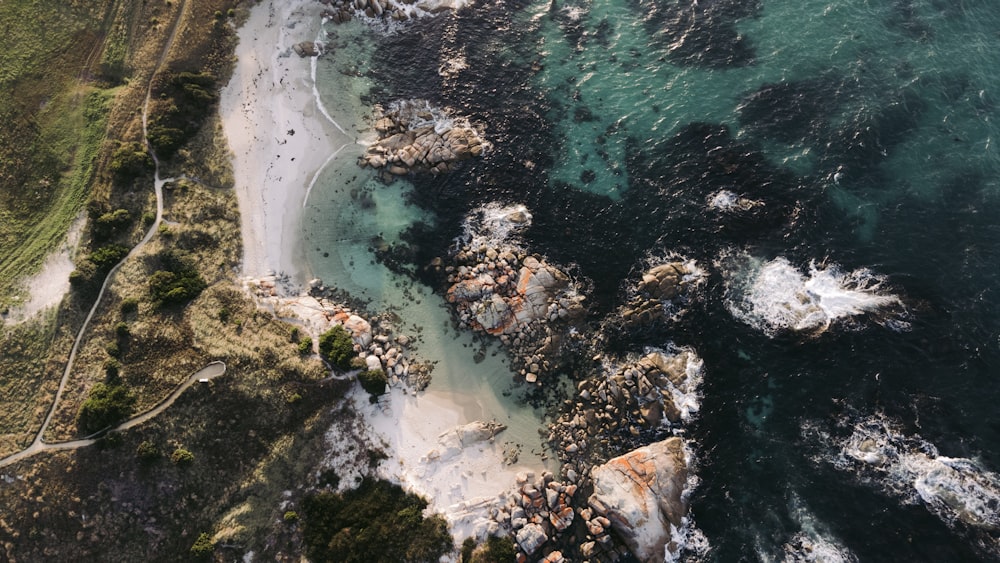 an aerial view of a beach and ocean