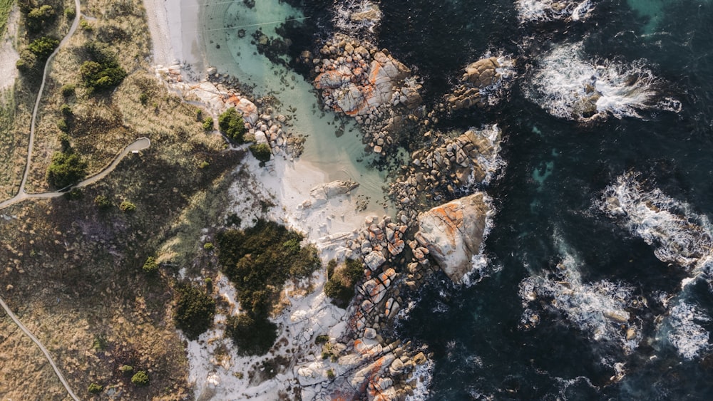 an aerial view of a beach and a body of water