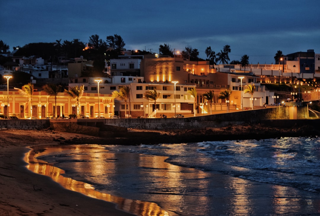 a night view of a beach with a city in the background