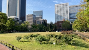 A vibrant cityscape showcasing green buildings and parks.