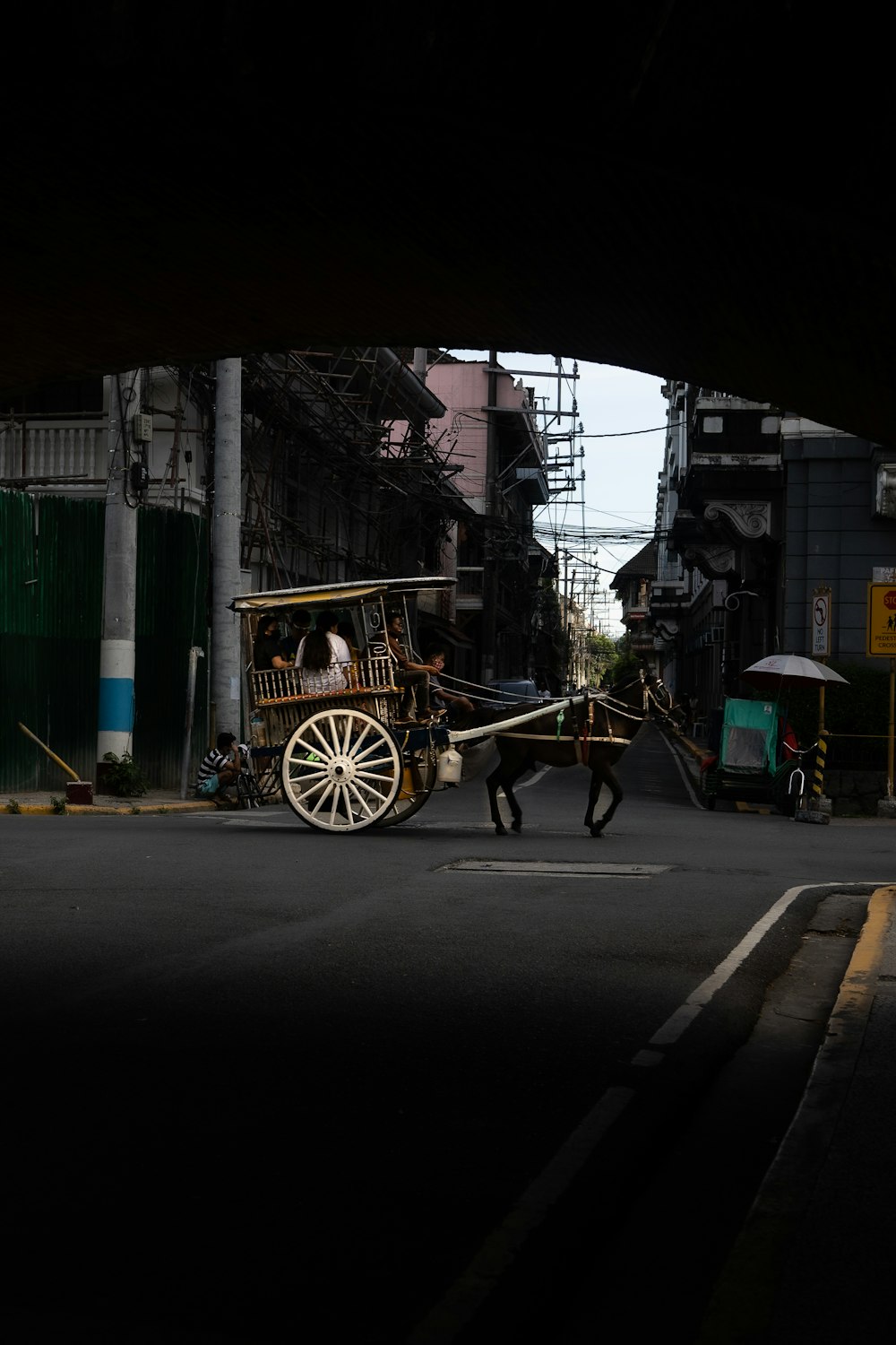 a horse drawn carriage on a city street