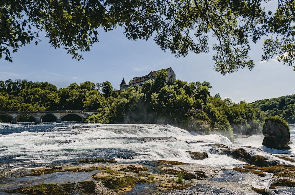 a river with rapids and a bridge in the background