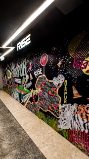 A vibrant mural featuring various elements such as a zebra, traffic cones, dice, a stop sign, and colorful text reading 'Rise,' 'Mirpur,' and 'Dhaka.' The artwork incorporates dynamic shapes, patterns, and graffiti-style lettering, creating an urban and energetic scene.