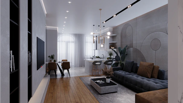 Interior view of a stylish, open-concept living room with contemporary furniture