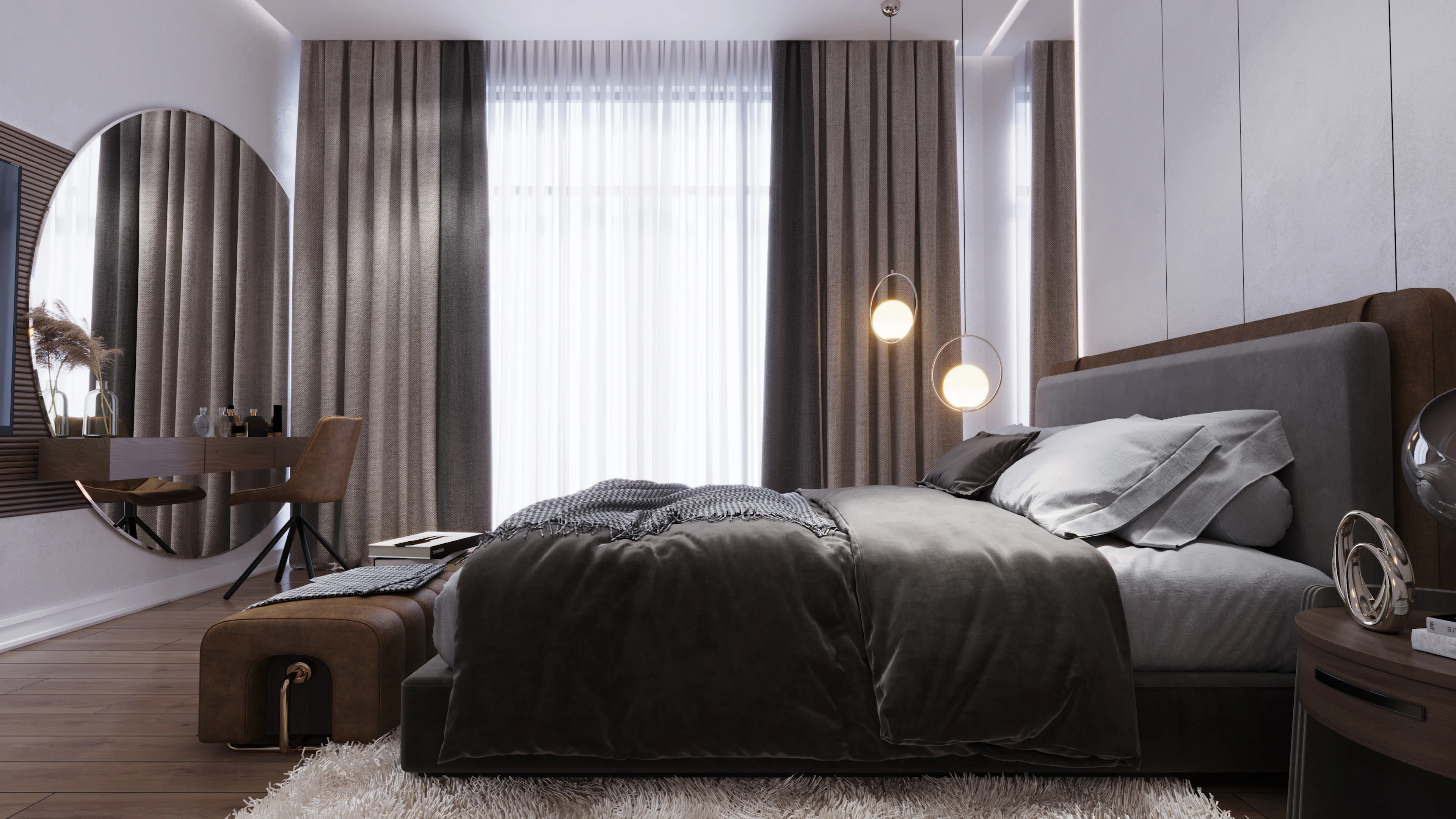 Bedroom with a large bed and curtains