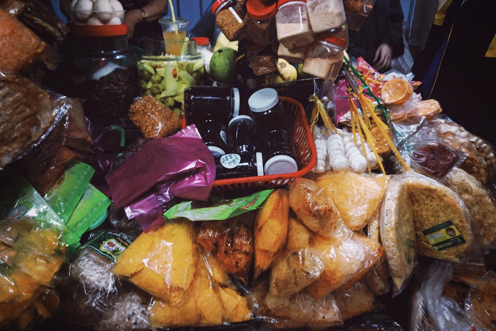 a pile of food sitting on top of a table