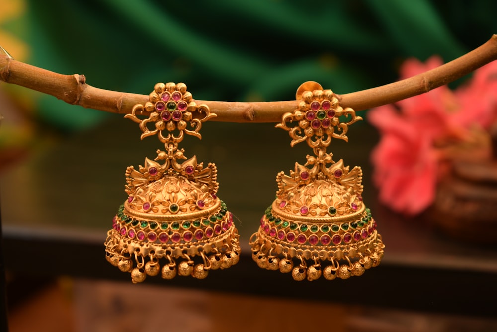 a close up of a pair of earrings on a branch