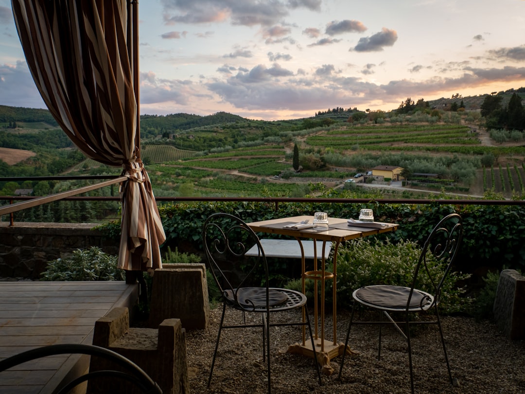 a table and chairs on a patio with a view,