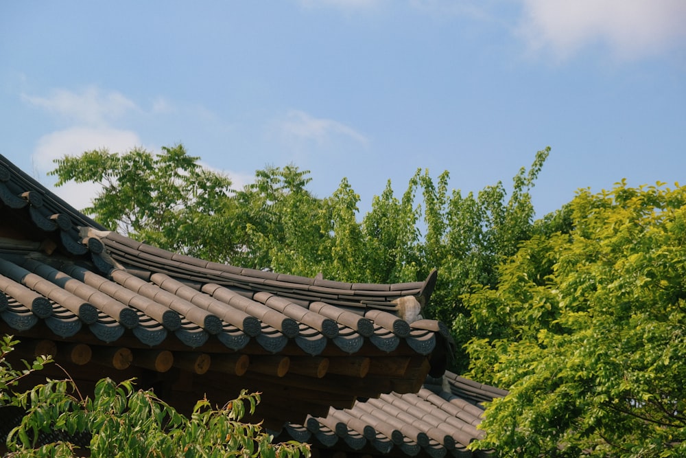 the roof of a building with trees in the background