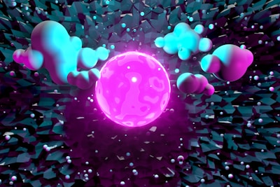 a purple ball surrounded by blue and pink shapes