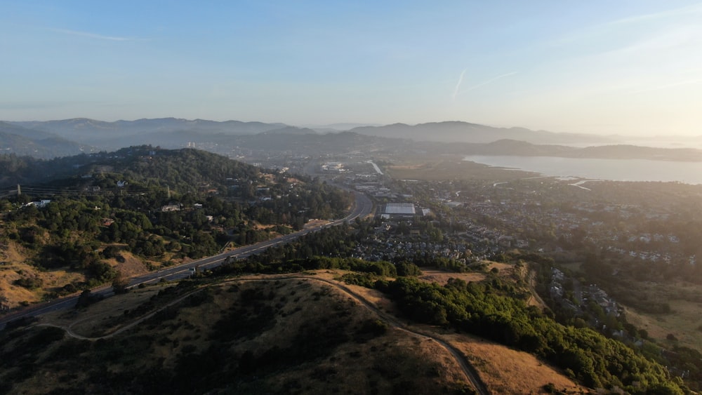 an aerial view of a city on a hill