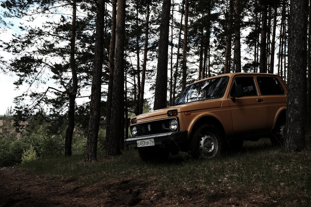 a brown truck parked in the middle of a forest